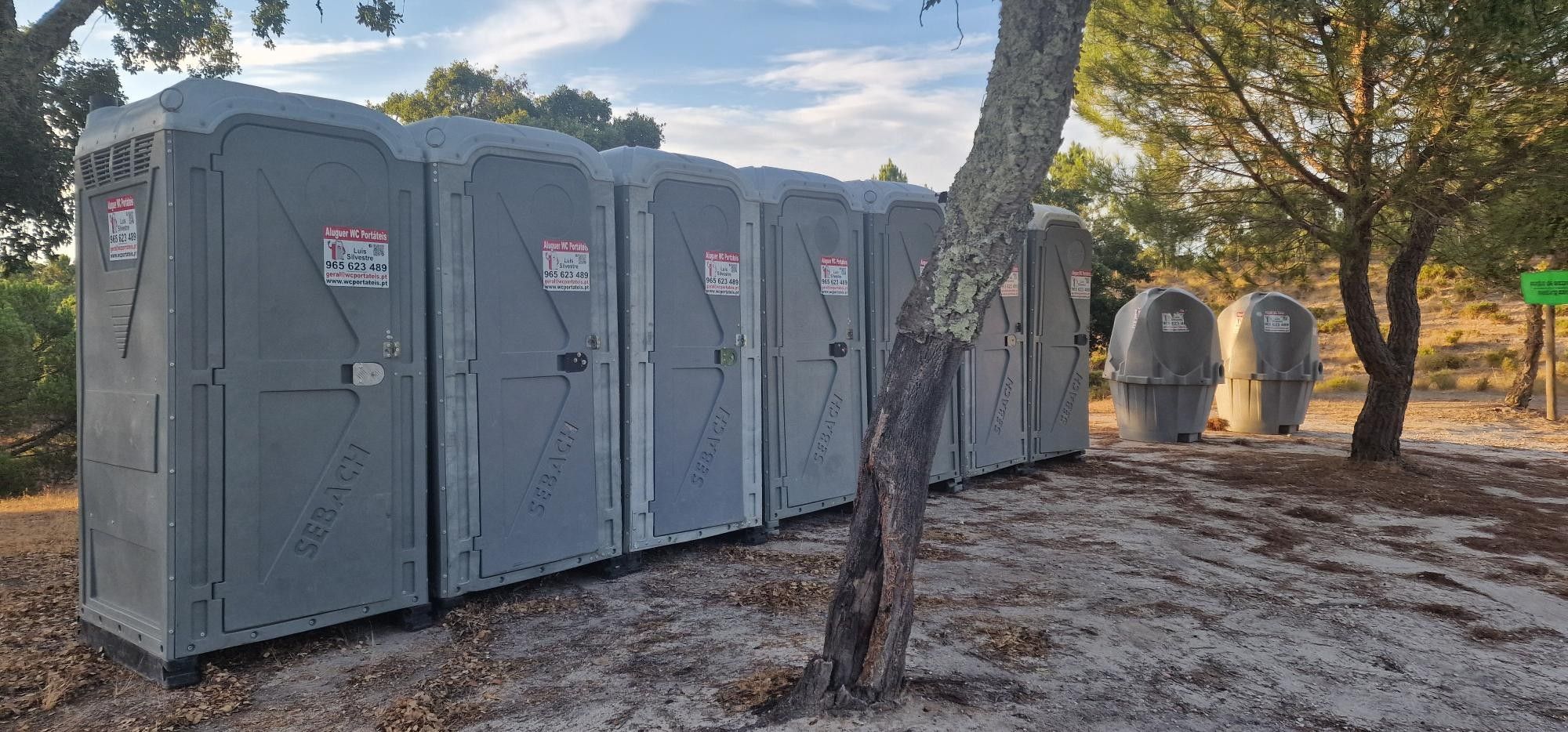 WC portáteis cinzentos e urinóis instalados num pinhal ao fim da tarde