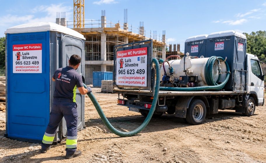 Técnico a esvaziar um WC portátil numa obra com a mangueira do camião-cisterna